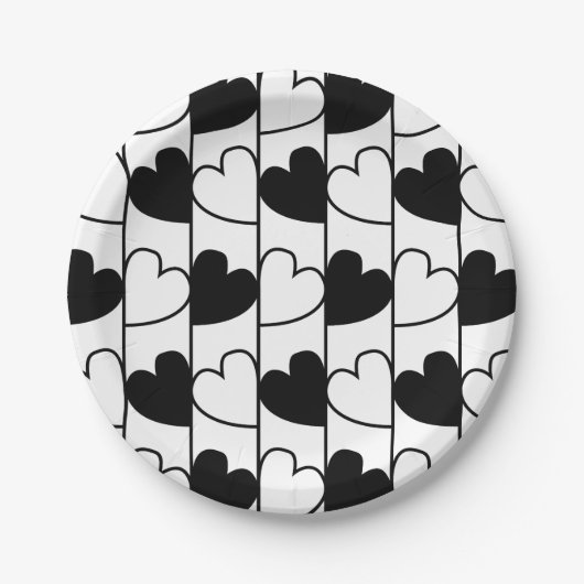 Streifen aus schwarzem und weißem Herzen Pappteller (Vorderseite)