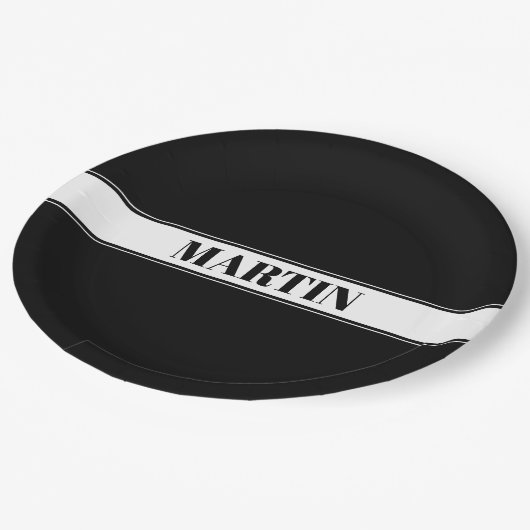 Streifen aus schwarzem und weißem Individuelle Nam Pappteller (Schrägansicht)