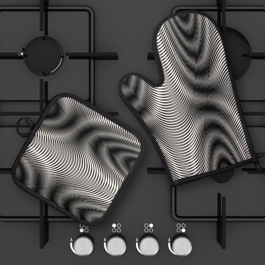 Streifen aus schwarzem und weißem Moiré - Abstrakt Ofenhandschuh & Topflappen-Set