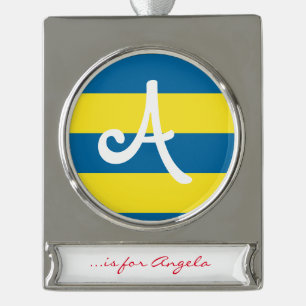 Streifen   Blau und Gelb   Anpassbar Banner-Ornament Silber