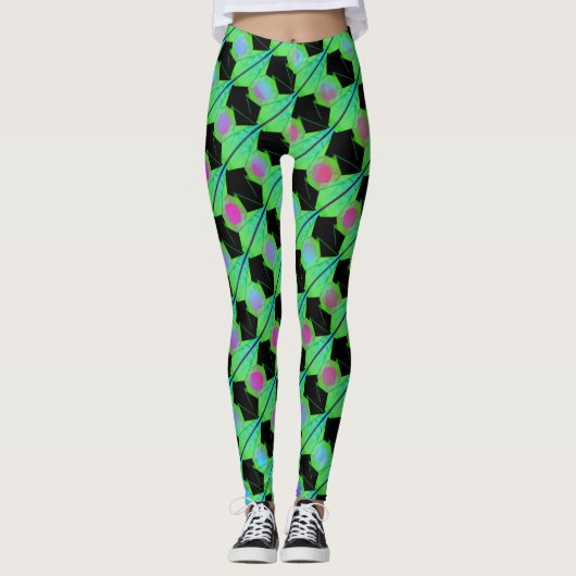 Streifen, blaue lila Kreise oder abstraktes Hexago Leggings (Vorderseite)