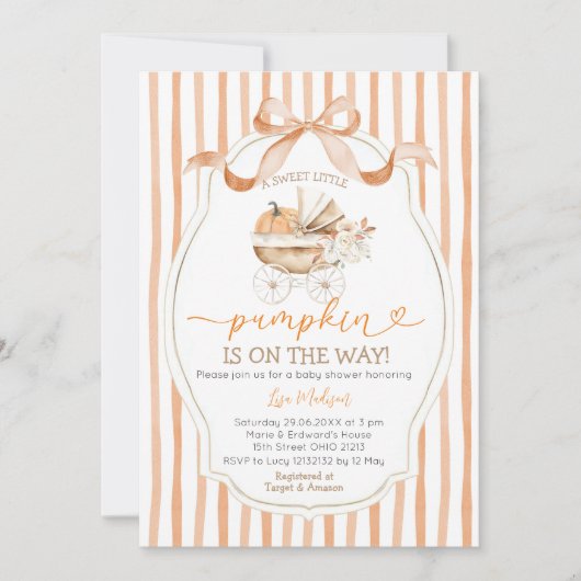 Streifen Bow Sweet Little Pumpkin Baby Dusche Einladung (Vorderseite)