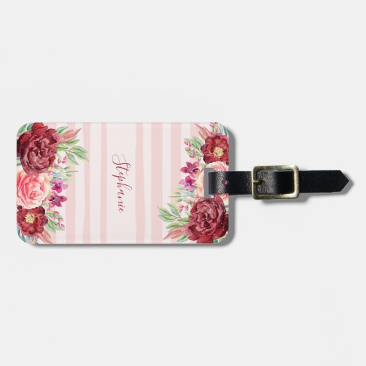 Streifen Burgundy Blush Floral Monogram Gepäckanhänger (Vorderseite horizontal)