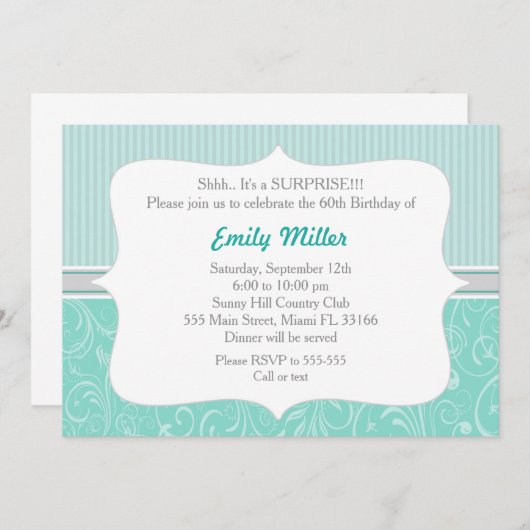 Streifen Damask Turquoise 60. Geburtstag Einladung (Vorne/Hinten)