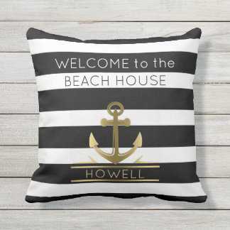 Streifen des Strand-Haus-Seeanker-Familienname-B&W Kissen