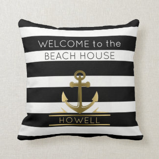 Streifen des Strand-Haus-Seeanker-Familienname-B&W Kissen
