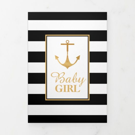 Streifen Gold Anker, 5 Foto Collage Baby Birth Dreifach Gefaltete Ankündigung (Cover)