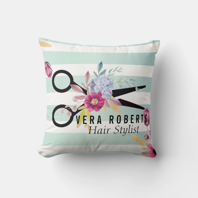 Streifen Goldschere & Schönheitssalon mit Blumen Kissen (Vorderseite)