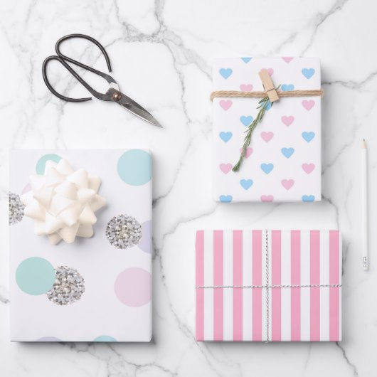 Streifen, Herz und Polka Geschenkpapier Set (Vorderseite)