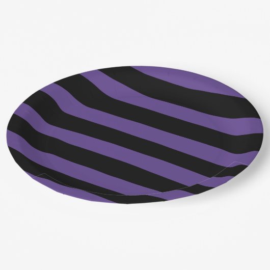 Streifen in Lila und schwarz Pappteller (Schrägansicht)