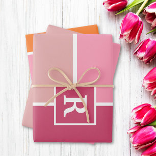 Streifen in rosa, weiß und orange mit Monogramm Geschenkpapier Set