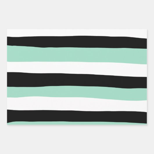 Streifen - Minze grün, weiß und schwarz Geschenkpapier Set (Vorderseite)