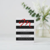 Streifen Monogram Red Calligraphy Business Card Visitenkarte (Stehend Vorderseite)