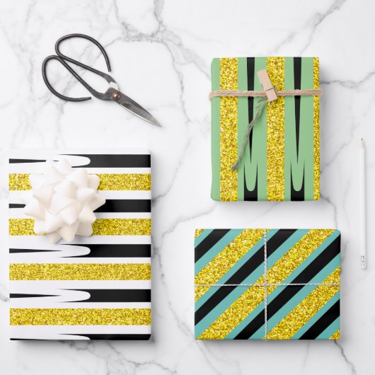 Streifen Muster Multicolor Glitzer Künstlerisch Ni Geschenkpapier Set (Vorderseite)