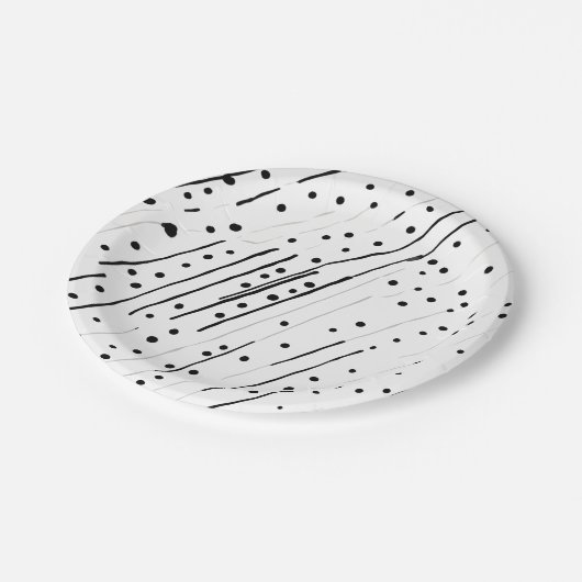 Streifen oder Polka-Punkte, schwarz, weiß, grau Pappteller (Schrägansicht)
