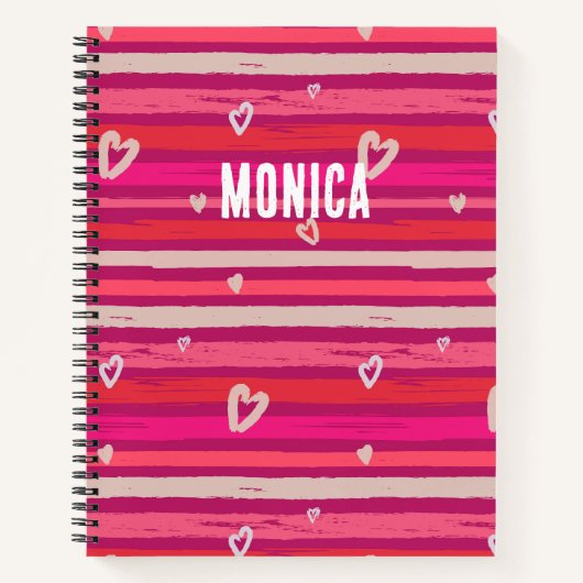 Streifen Pink White Hearts Personalisiert Notizblock (Vorderseite)