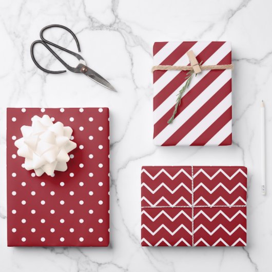 Streifen Polka Dot Zig Zag Muster Red White Geschenkpapier Set (Vorderseite)