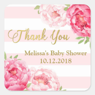 Streifen Rosa Errötende Florale Babyparty Dankesch Quadratischer Aufkleber
