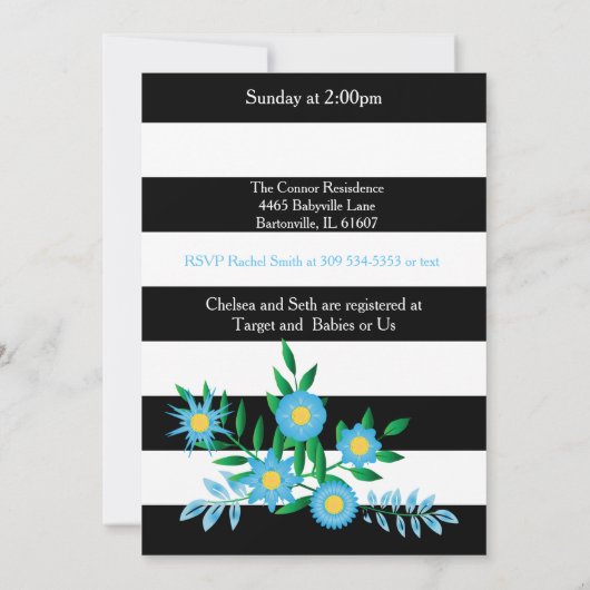 Streifen schwarz und weiß | Blau | Babyparty Einladung (Rückseite)