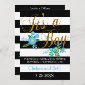 Streifen schwarz und weiß | Blau | Babyparty Einladung (Vorne/Hinten)