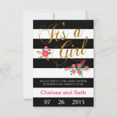 Streifen schwarz und weiß | Rosa Floral | Babypart Einladung (Vorderseite)