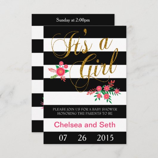 Streifen schwarz und weiß | Rosa Floral | Babypart Einladung (Vorne/Hinten)