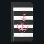 Streifen und Anker in Schwarz-weiß und rosa Samsung Galaxy S5 Geldbeutel Hülle<br><div class="desc">Elegantes Schwarz auf weißen Streifen Muster weiß rosa Farbe nautische Bootanker Abbildung. Anpassbare Monogramm.</div>