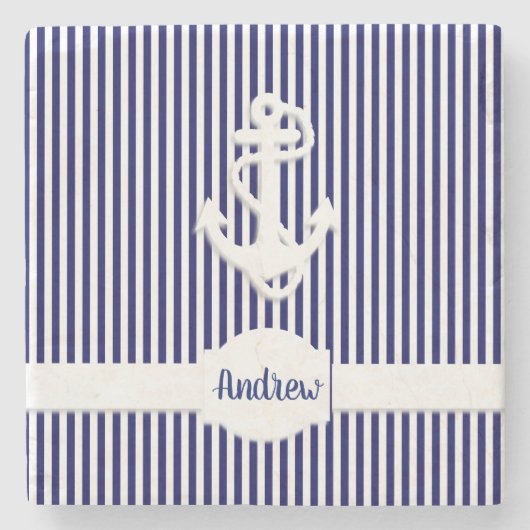 Streifen und Ankermonogramm oder Name benutzerdefi Steinuntersetzer (Vorderseite)