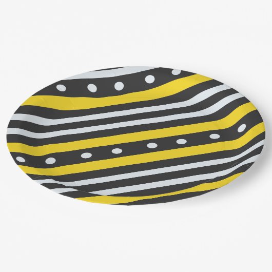 Streifen und Bläschen, schwarz Pappteller (Schrägansicht)