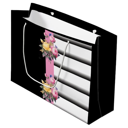 Streifen und Blumendruck Große Geschenktüte (Vorderseite Schrägansicht)