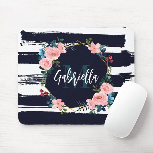 Streifen und Blumenrahmen, Monogramm Mousepad (Mit Mouse)