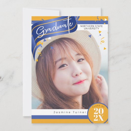 Streifen und Confetti Abschluss Blue/Gold ID890 Einladung (Vorderseite)