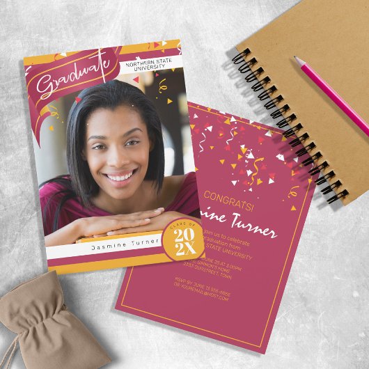 Streifen und Confetti-Abschluss, rot/Gold-ID890 Einladung