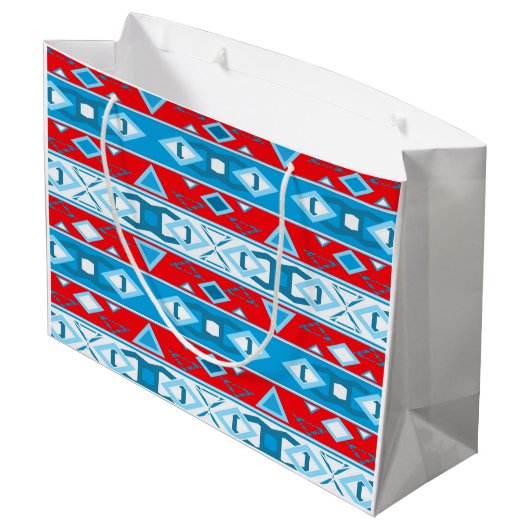Streifen und geometrische Formen, rot-blau Große Geschenktüte (Rückseite Schrägansicht)