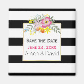 Streifen und rosa Blume Hochzeit Speichern Sie das Magnet (Vorne)
