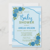 Streifen und Rose Blue Boy Baby Dusche Einladung (Vorderseite)