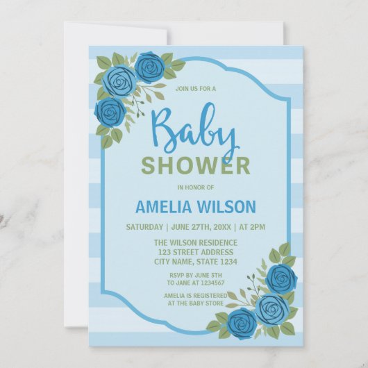Streifen und Rose Blue Boy Baby Dusche Einladung (Vorderseite)