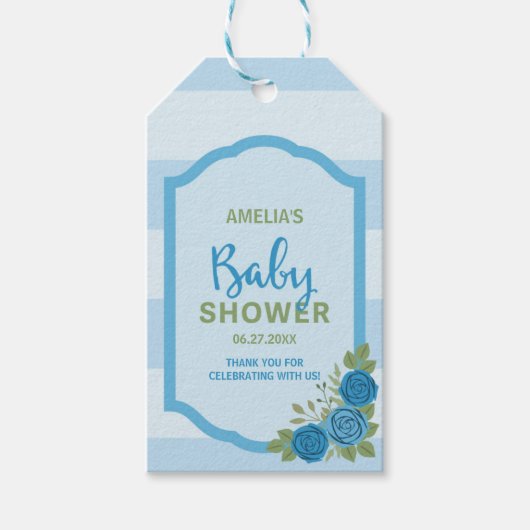 Streifen und Rose Blue Boy Baby Dusche Geschenkanhänger (Vorderseite)