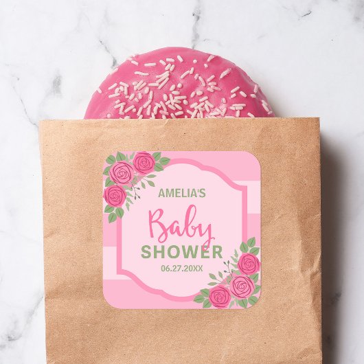 Streifen und Rose Pink Girl Babydusche Quadratischer Aufkleber