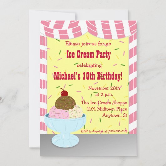 Streifen und Sprinklen Eiskrem Party Einladung (Vorderseite)