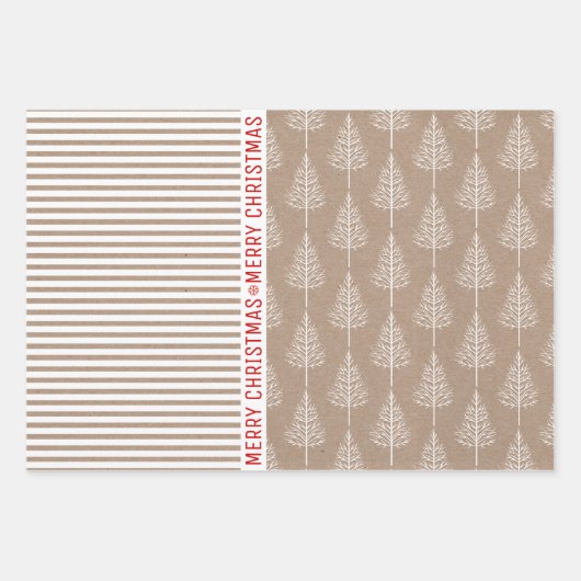 Streifen, Weihnachtsbäume, schneebraunes Kraftpapi Geschenkpapier Set (Vorderseite 3)