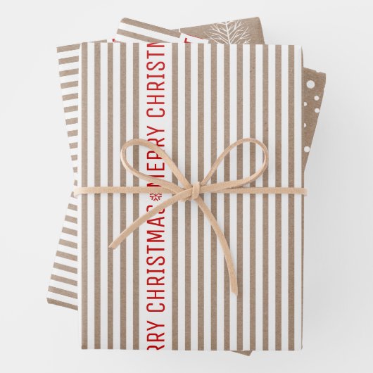 Streifen, Weihnachtsbäume, schneebraunes Kraftpapi Geschenkpapier Set (Beispiel)