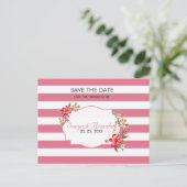 Streifen, weiß und rosa, Save the Date Ankündigungspostkarte (Stehend Vorderseite)
