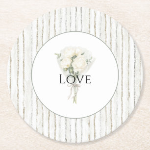 Streifen Weiße Rose Blumenstrauß Liebe Hochzeit Runder Pappuntersetzer