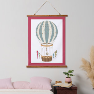 Streifenblau und Weißer Steampunk Heißluftballon Wandteppich Mit Holzrahmen