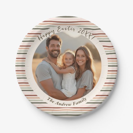 Streifenboho Ostern mit Foto und Name Pappteller (Vorderseite)