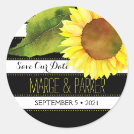 Streifenfarbene Sonnenblumenhochzeit Rette unser D Runder Aufkleber