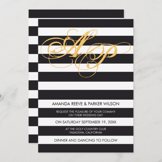 Streifenhochzeits-Einladungsschablone Schwarzweiss Einladung (Vorne/Hinten)