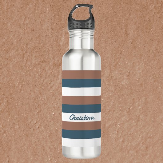 Streifenmuster braun Aquamarin Weiß personalisiere Edelstahlflasche