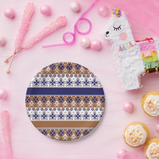 Streifenskandinavisches Muster braun blau Pappteller (Party)